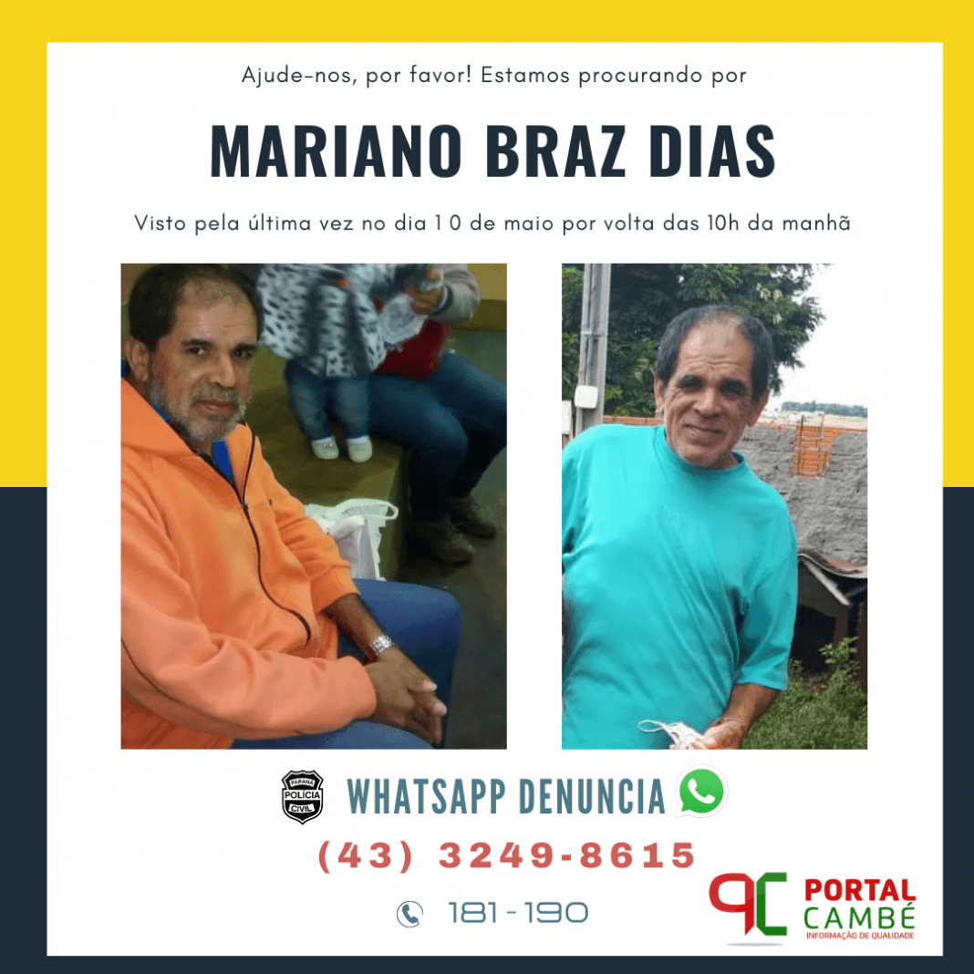 Polícia Civil divulga foto de cambeense desaparecido