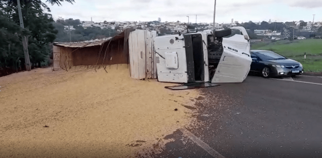 Caminhão tomba em curva e carga de soja fica espalhada na pista