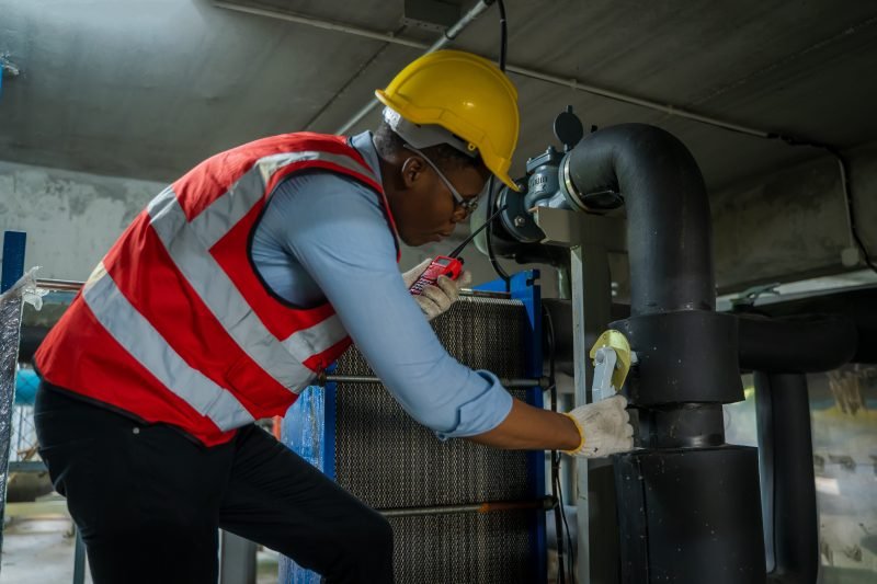 Engineer checking the water pipe system in the factory,Inspecting Water Valve For Leaks In Basement.