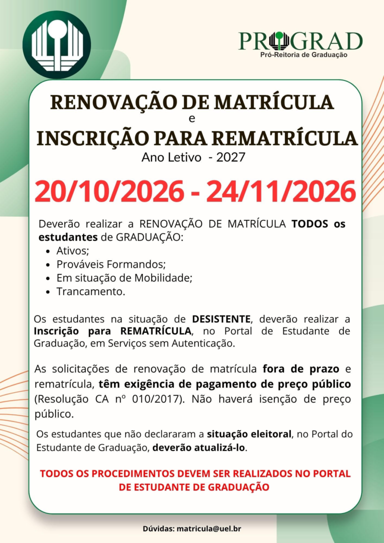 Renovação de matrícula da UEL para 2027 começa dia 20